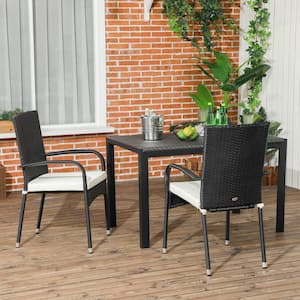 Black PE Rattan Outdoor Dining Chairs with Blue Cushions (2-Pack)