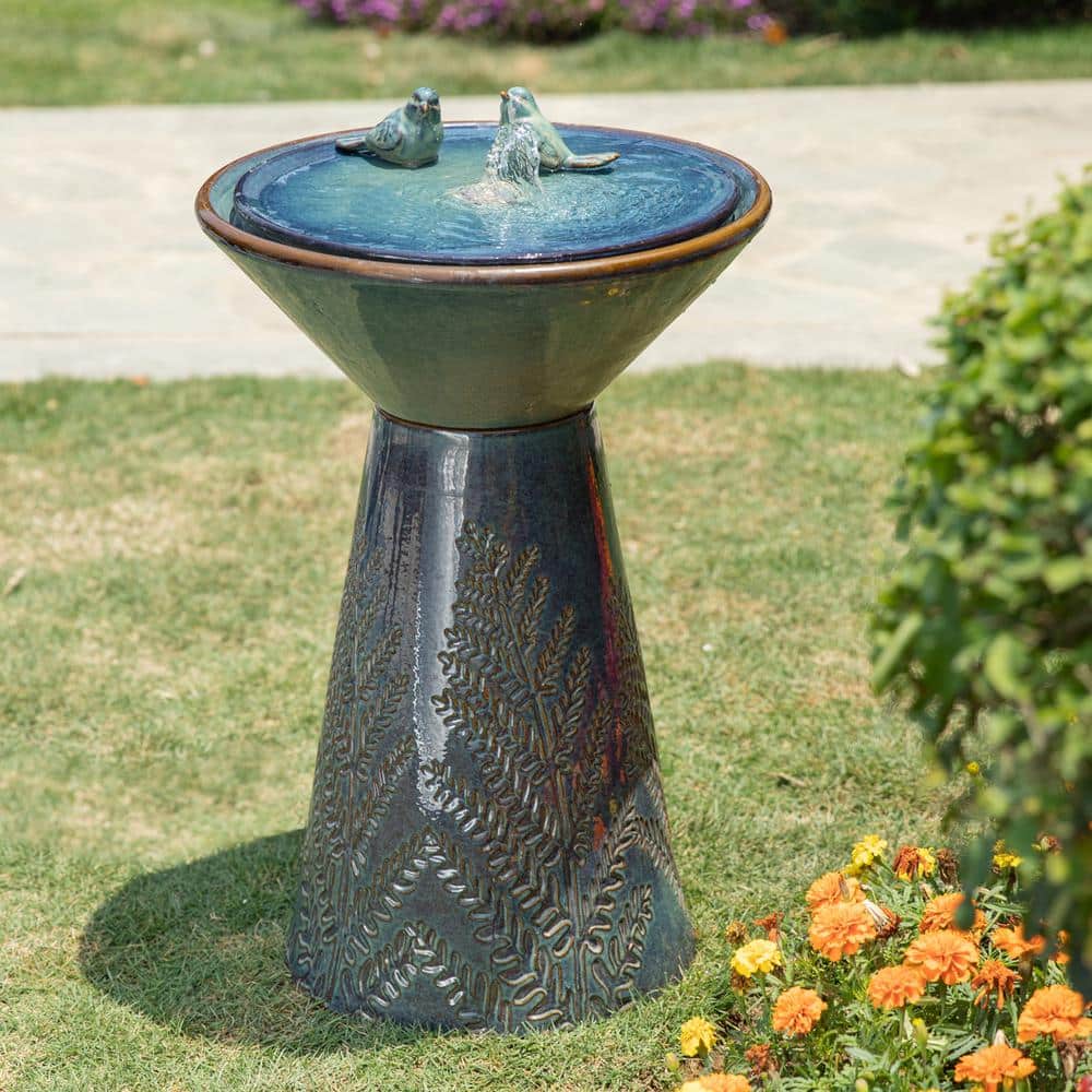 Glitzhome 27.5H Turquoise Two Birds Embossed Plant Pattern Pedestal Ceramic Fountain with Pump and LED Light