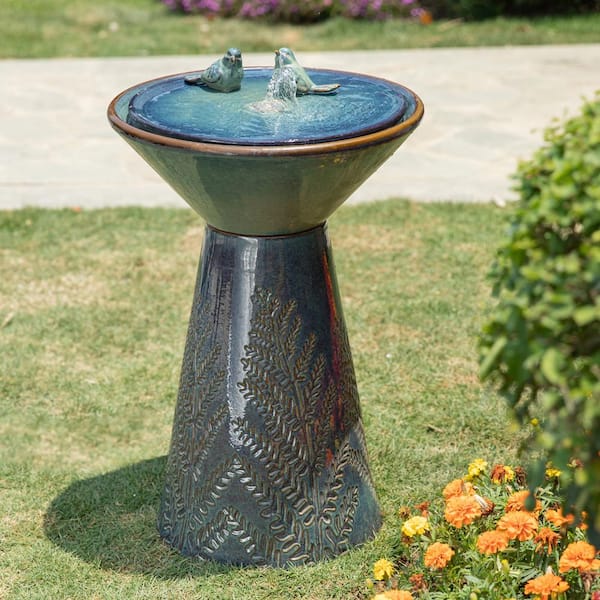 Glitzhome 27.5 in. H Turquoise 2 Birds Embossed Plant Pattern Pedestal Ceramic Fountain with Pump and LED Light (KD)