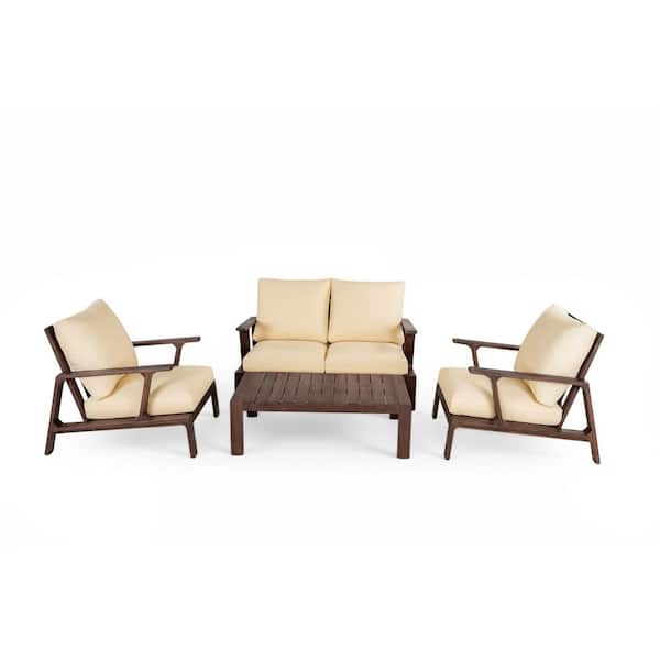 Dark Brown 4-Piece Acacia Wood Outdoor Conversation Set with Beige Cushions and a Coffee Table for Patios