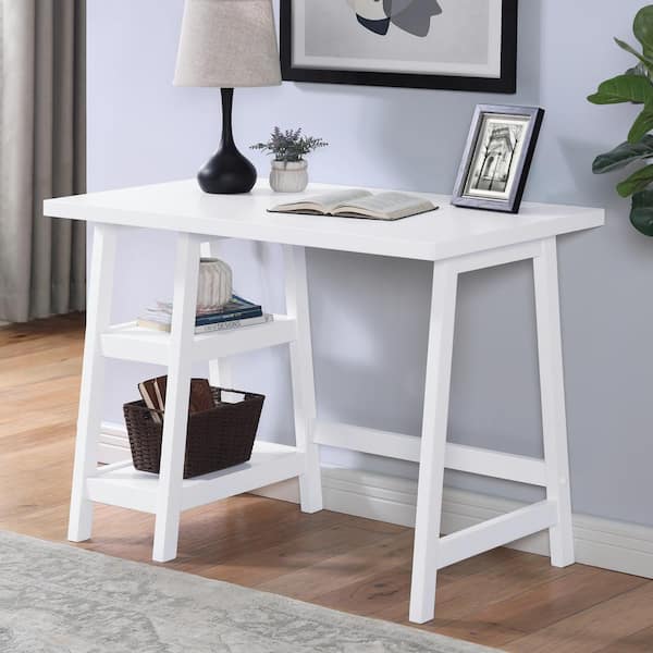Noble House Rina 42 in. Rectangular White Rubber Wood Desk with Shelves