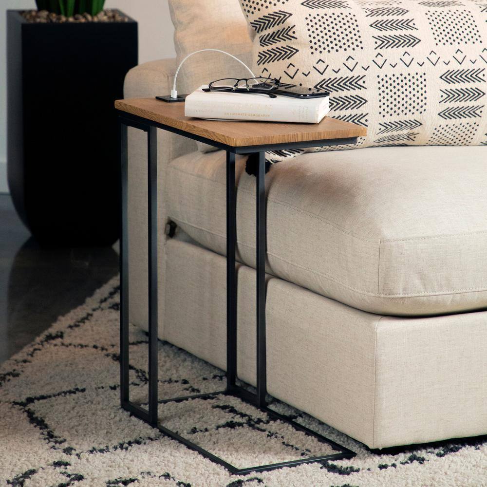 Gunmetal Grey and Natural Wood Industrial Snack Table with Power Ports