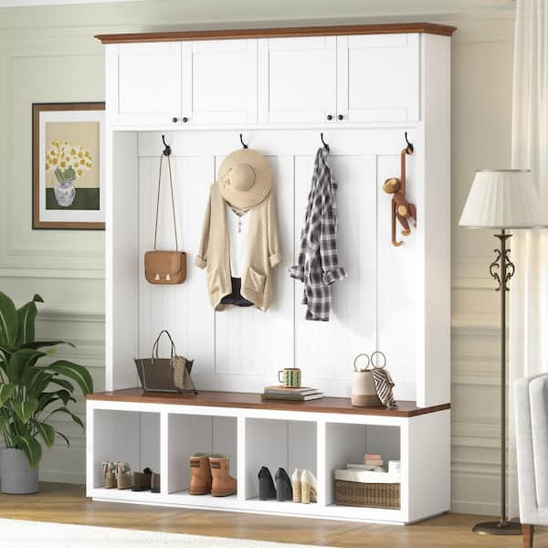Farmhouse 59 in. W White 4-in-1 Entryway Hall Tree with Wood Grain Bench and 4 Durable Hooks