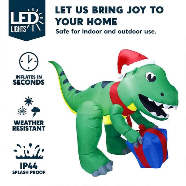 5ft Tall Christmas Inflatables Dinosaur Outdoor Decoration, Blow Up Dinosaur with Gift Box with Build-in LEDs