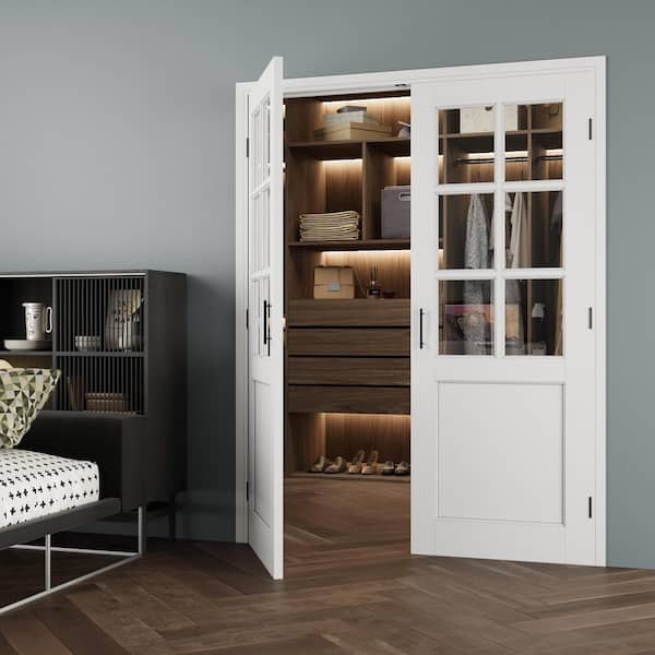 60 x 80 in. 6-Lite Clear Glass Universal White Solid Core Wood French Closet Bi-Fold Door + Separate Jamb and Ball Catch