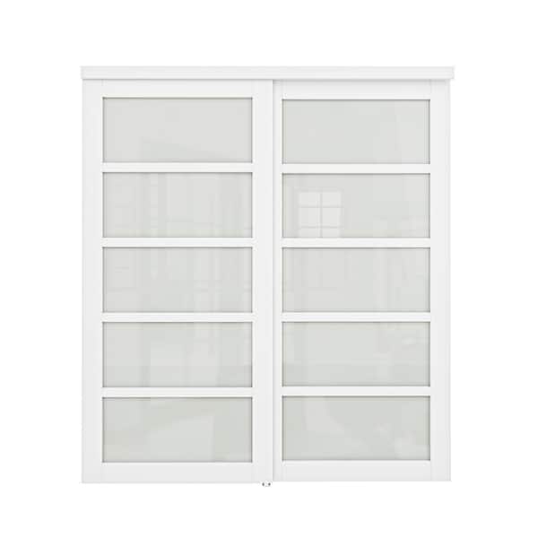 72 in. x 80 in. 5-Lite White Tempered Frosted Glass Closet Sliding Door with Hardware