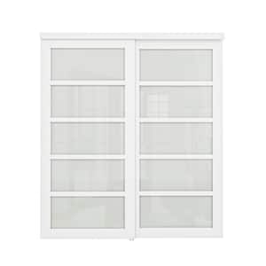 72 in. x 80 in. 5 Lite Tempered Frosted Glass and White MDF Interior Closet Sliding Door with Hardware Kit