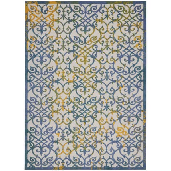 Ivory, Blue 9 ft. x 12 ft. Woven Polypropylene Indoor/Outdoor Area Rug