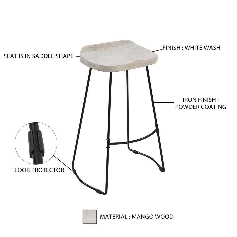 30-Inch Whitewashed Mango Wood Saddle Seat Backless Barstool with Black Metal Base