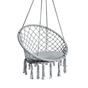 31.5 in. Macrame Hammock Swing Chair with Fringe Lining and Padded Cushion - Gray