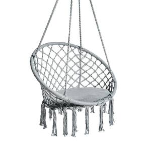 31.5 in. Macrame Hammock Swing Chair with Fringe Lining and Padded Cushion - Gray
