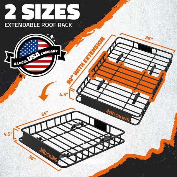 Mockins 35-50 in. L x 36 in. W x 4.5 in. H Extendable Rooftop Cargo Carrier - 250 lbs. Capacity Roof Rack with Net and Straps