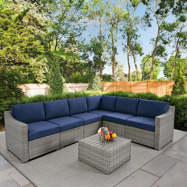 EGEIROSLIFE 7-Piece Wicker Patio Conversation Set with Blue Cushions ...