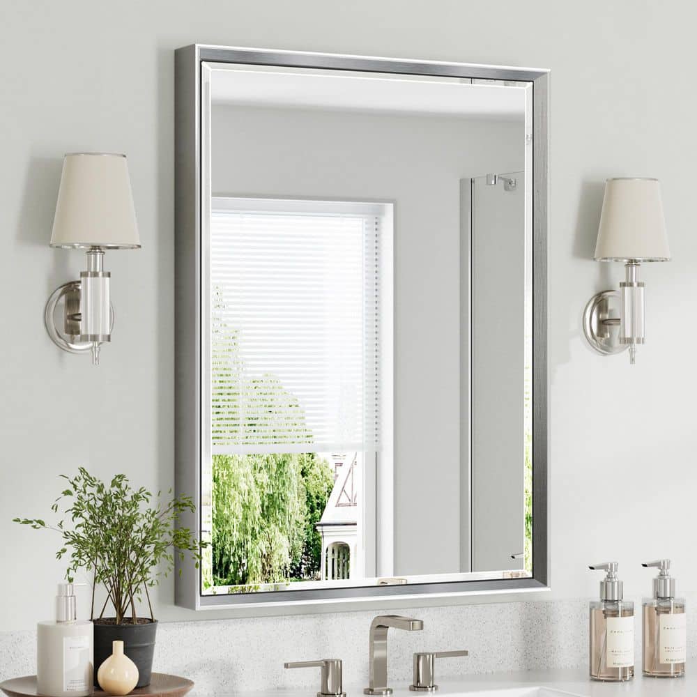 24 in. W x 32 in. H Aluminum Beveled Edge Rectangular Framed Bathroom Vanity Wall Mount Mirror in Brushed Silver price history on PriceWatchPro