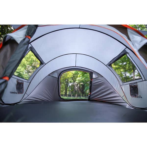 EchoSmile Pop-up campingtent voor 5-8 personen, waterdicht, met 2 ramen van geventileerd net, draagbare en lichte koepel voor kamperen in de open lucht op het strand, zwart/oranje