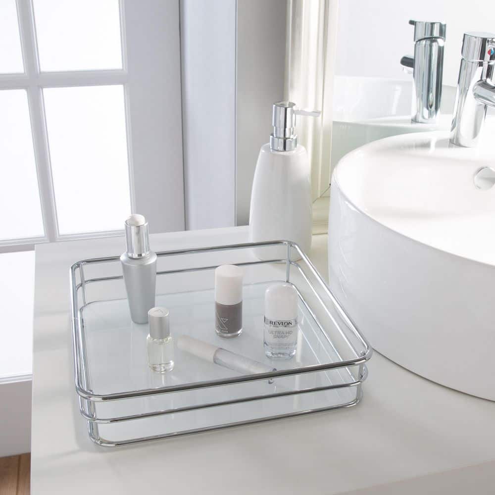 Elegant Chrome-Finished Square Vanity Tray with Tempered Glass