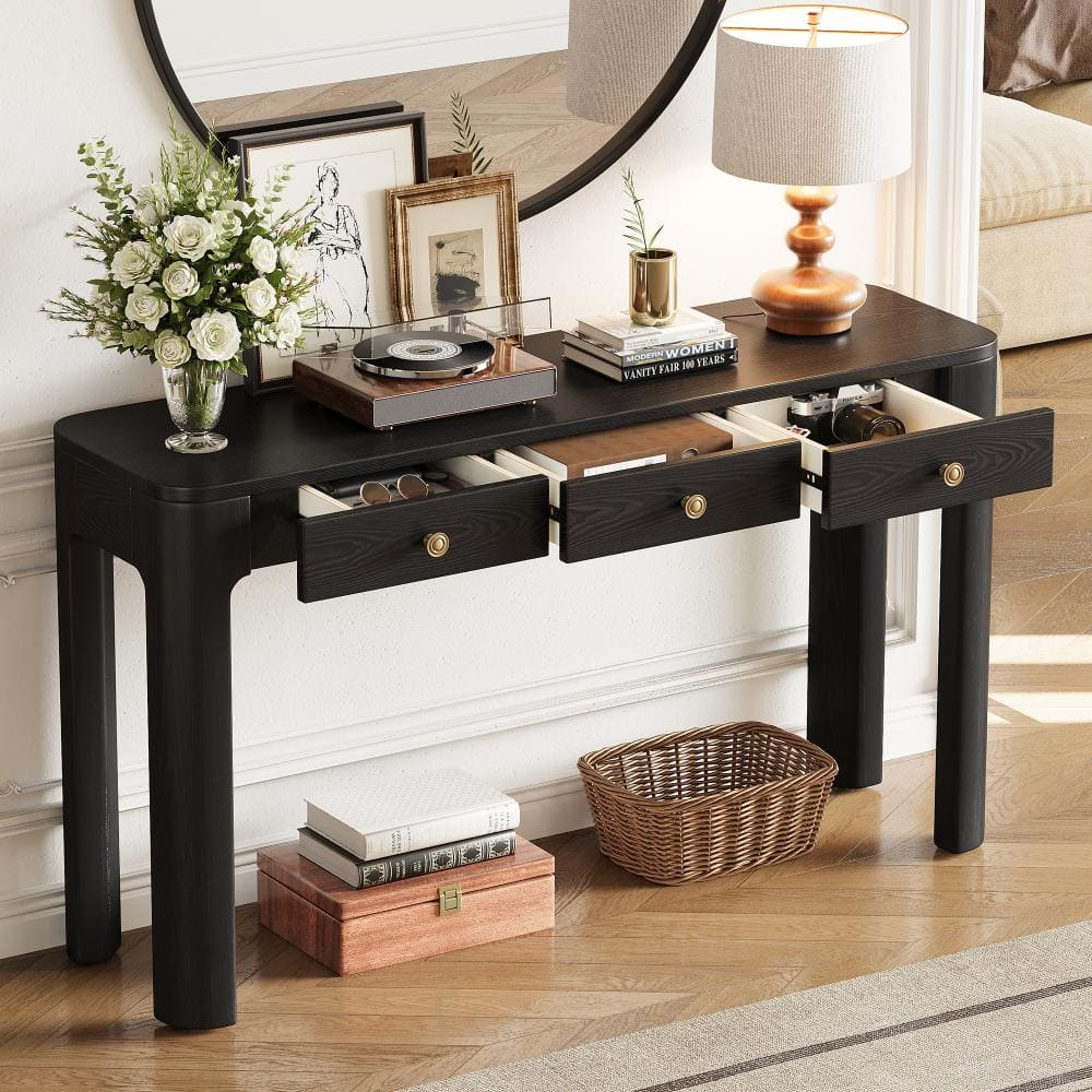 52 in. W Black Rectangle Wood Console Table with Curved Corners, 3 Concealed Drawers price history on PriceWatchPro