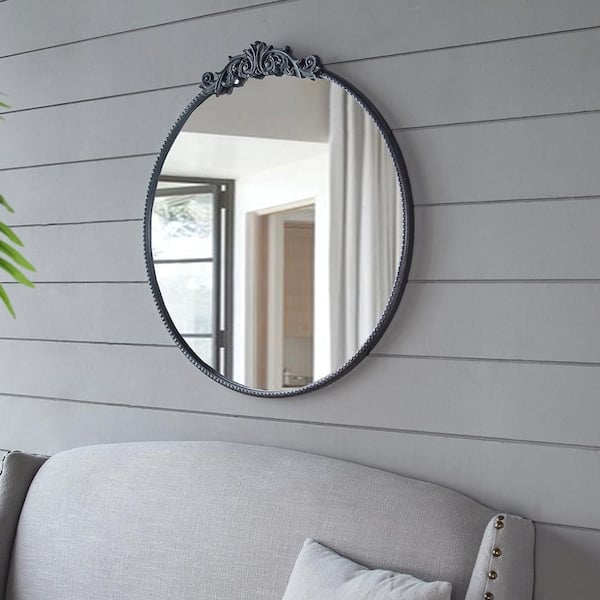 Black 30 in W x 32 in. H Mid Century Round MDF Framed Mirror Wall Mirror Wall Decor Mirror