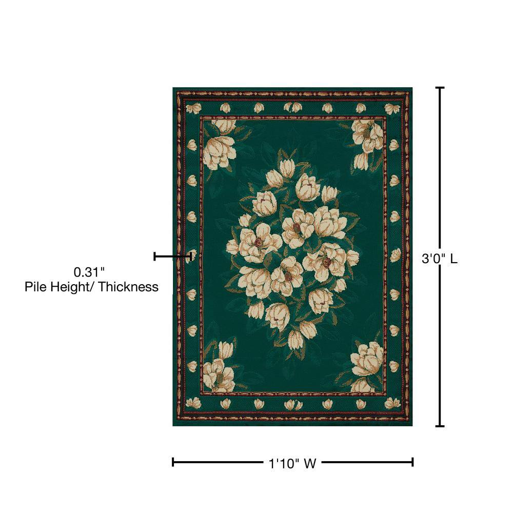 Hunter Green Floral Polypropylene Rectangular Accent Rug 2x3