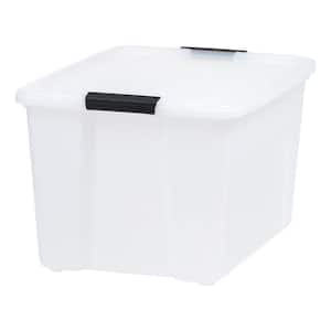 53 Qt. Stackable Nesting Storage Tote, with Black Latching Clips, in White