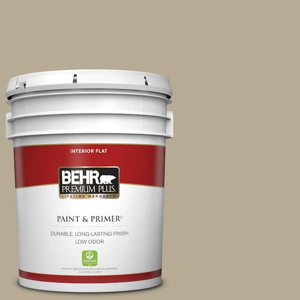BEHR PREMIUM PLUS 5 gal. #N330-4 Explorer Khaki Flat Low Odor Interior Paint & Primer
