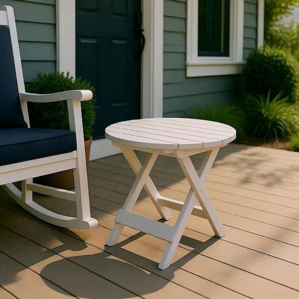 19in. White Adirondack Outdoor Round Folding Acacia Side Table