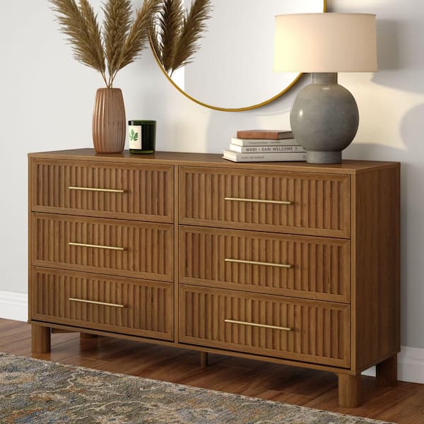 Sera Pecan 6 Drawer 59.5 in. Wide Chest of Drawers Dresser