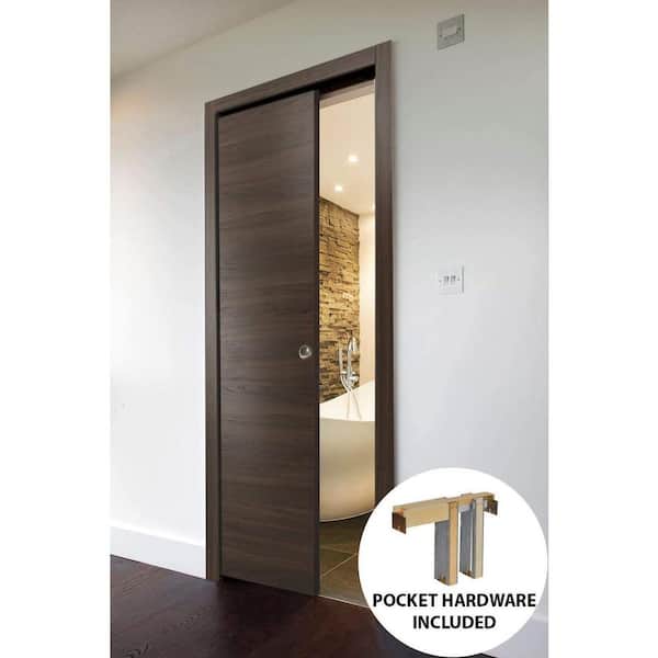 Planum 0010 28 in. x 80 in. Flush Chocolate Ash Finished Wood Sliding Door with Single Pocket Hardware