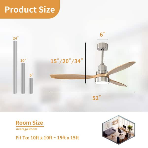 52 in. Integrated LED Indoor Downrod Mount Brushed Nickel Standard Ceiling Fan with Dimmable Light and Remote 6-Speed
