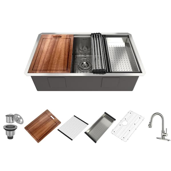 32 in. Undermount Single Bowl Stainless Steel Kitchen Sink with Faucet, Cutting Board, Rolling Drying Rack and Colander