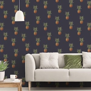 Pineapples Navy Matte Finish Vinyl on Non-Woven Non-Pasted Wallpaper Roll