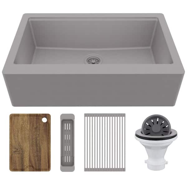 34 in. Farmhouse Single Bowl Quartz Workstation Kitchen Sink in Grey
