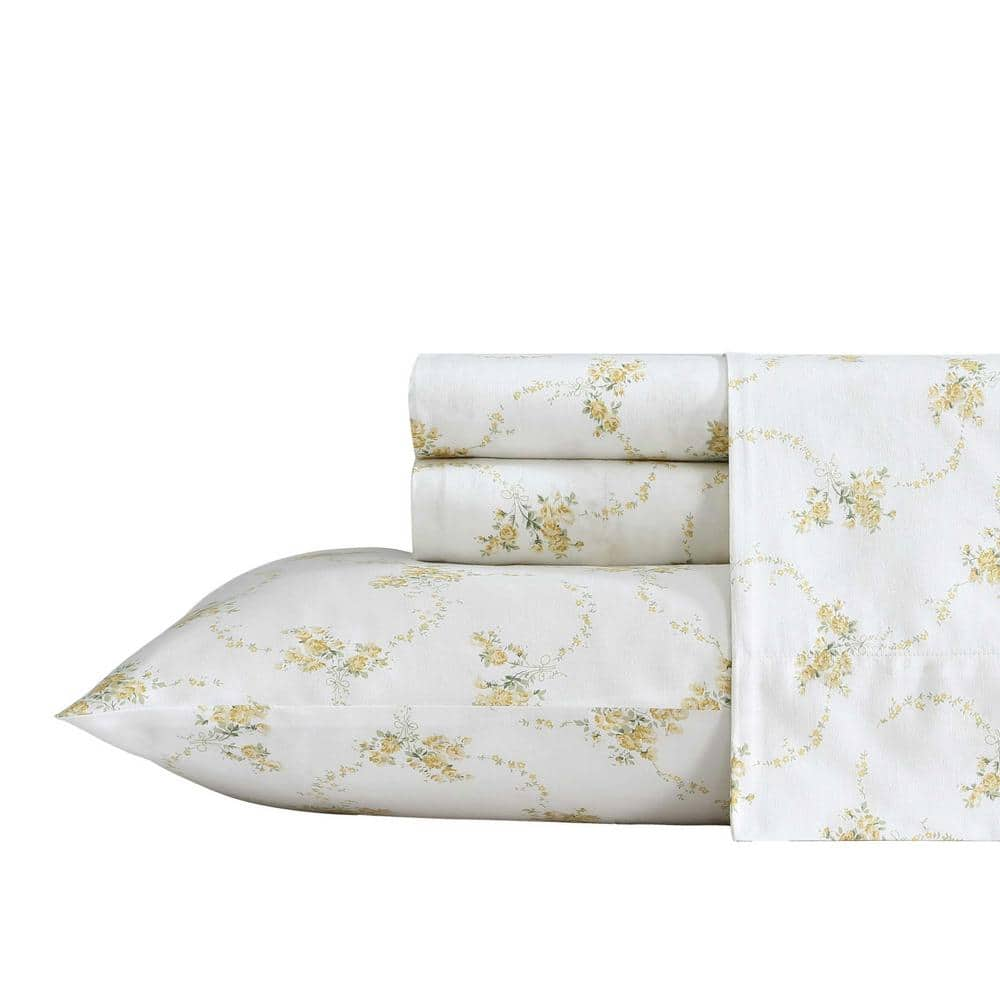 Laura Ashley Petite Rose 4 Piece Gold Yellow Sateen Cotton King Sheet Set