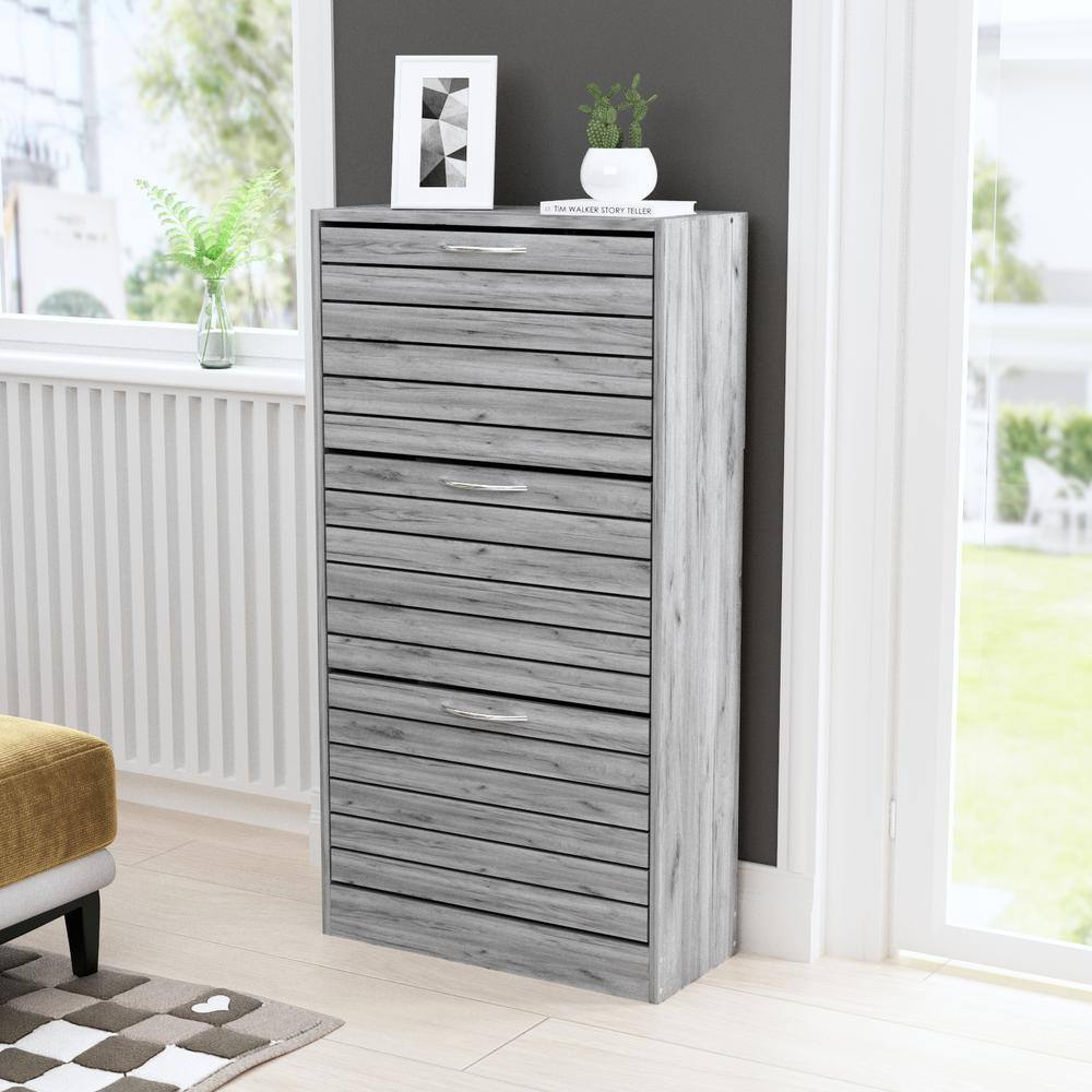 Gray Wood 3-Tier Shoe Organizer with Drawers