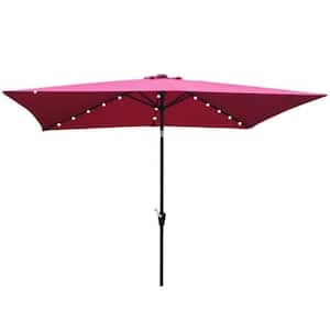 10 ft. x 6.5 ft. Rectangular Patio Outdoor Market Umbrella with Solar LED, Crank and Push Button Tilt, Red