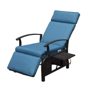 Metal Outdoor Recliner with Blue Cushion and Flip Table