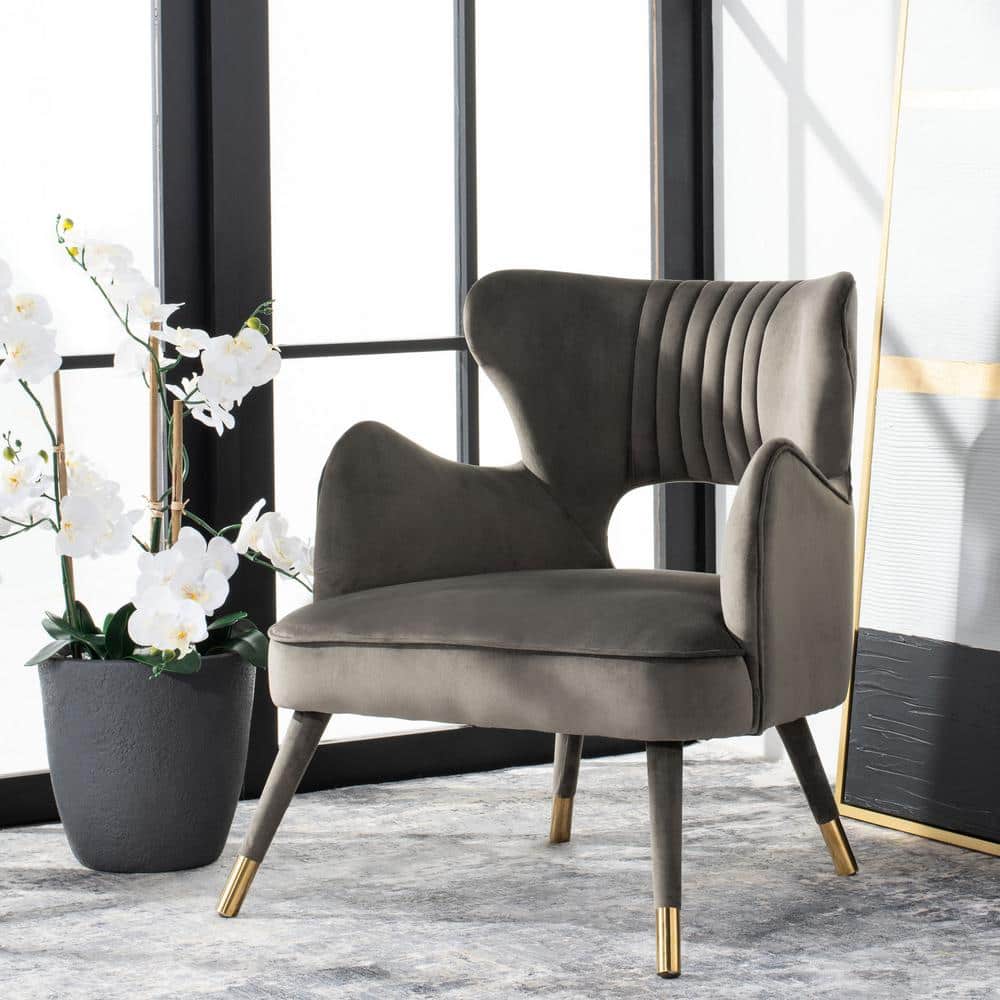 Shale Velvet & Gold-Capped Wood Transitional Accent Chair