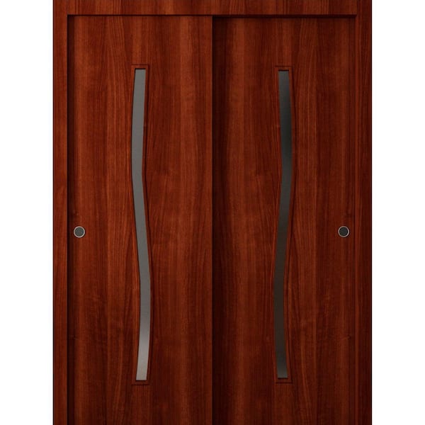 3012 36 in. x 96 in. Universal/Reversible Walnut Franko Color Solid Core Wood Sliding Door Kit with Quick Assemble Jamb