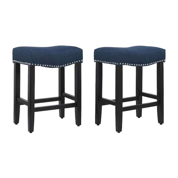 WESTINFURNITURE Jameson 24 in. Counter Height Black Wood Backless Barstool with Upholstered Navy Blue Linen Saddle Seat (Set of 2)