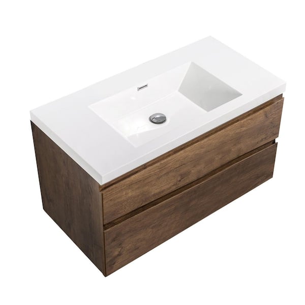 35.44 in.W x 18.9 in.D Wall-Mounted Bath Vanity in Rose Wood with white glossy Resin Top