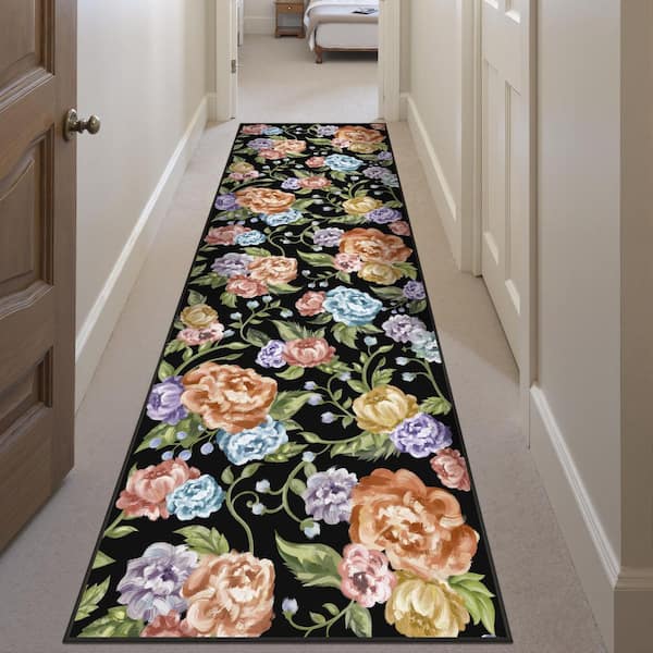 Summer Flowers Black 2 ft. x 8 ft. Floral Washable Runner Rug