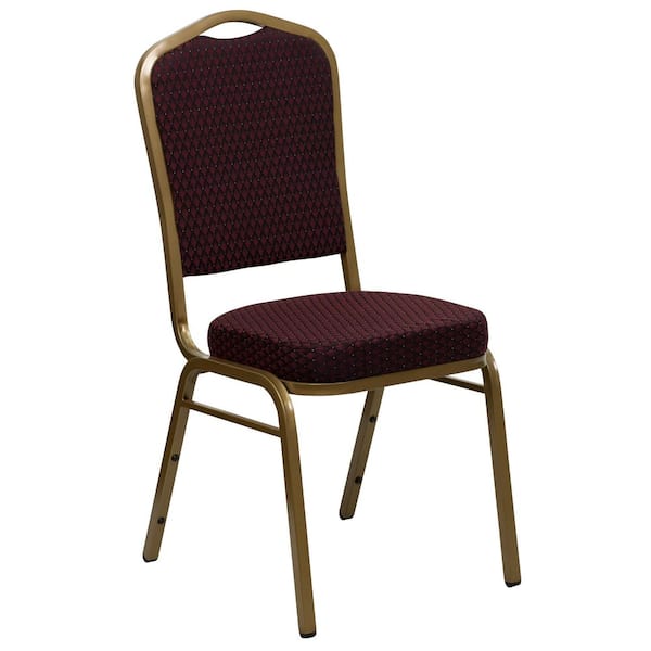 Carnegy Avenue Hercules Fabric Crown Back Stacking Ergonomic Banquet Chair in Burgundy Patterned/Gold Frame
