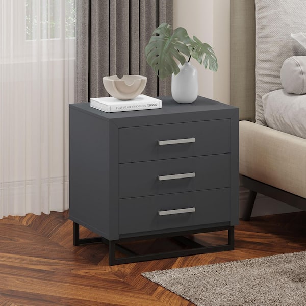 Noble House Cayuga 3-Drawer Charcoal Nightstand