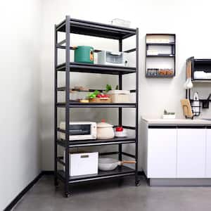 Black 63 in. H 5-Tier Heavy-Duty Metal Pantry Organizer with Adjustable Shelves and Swivel Wheels