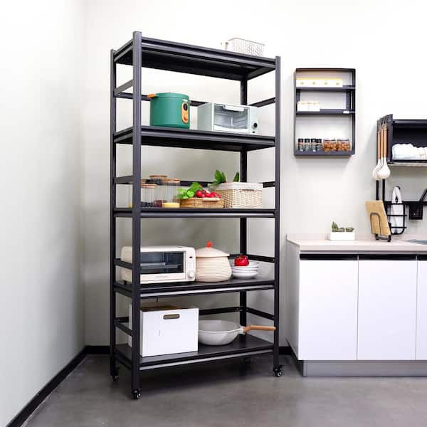 Unbranded Black 63 in. H 5-Tier Heavy-Duty Metal Pantry Organizer with Adjustable Shelves and Swivel Wheels