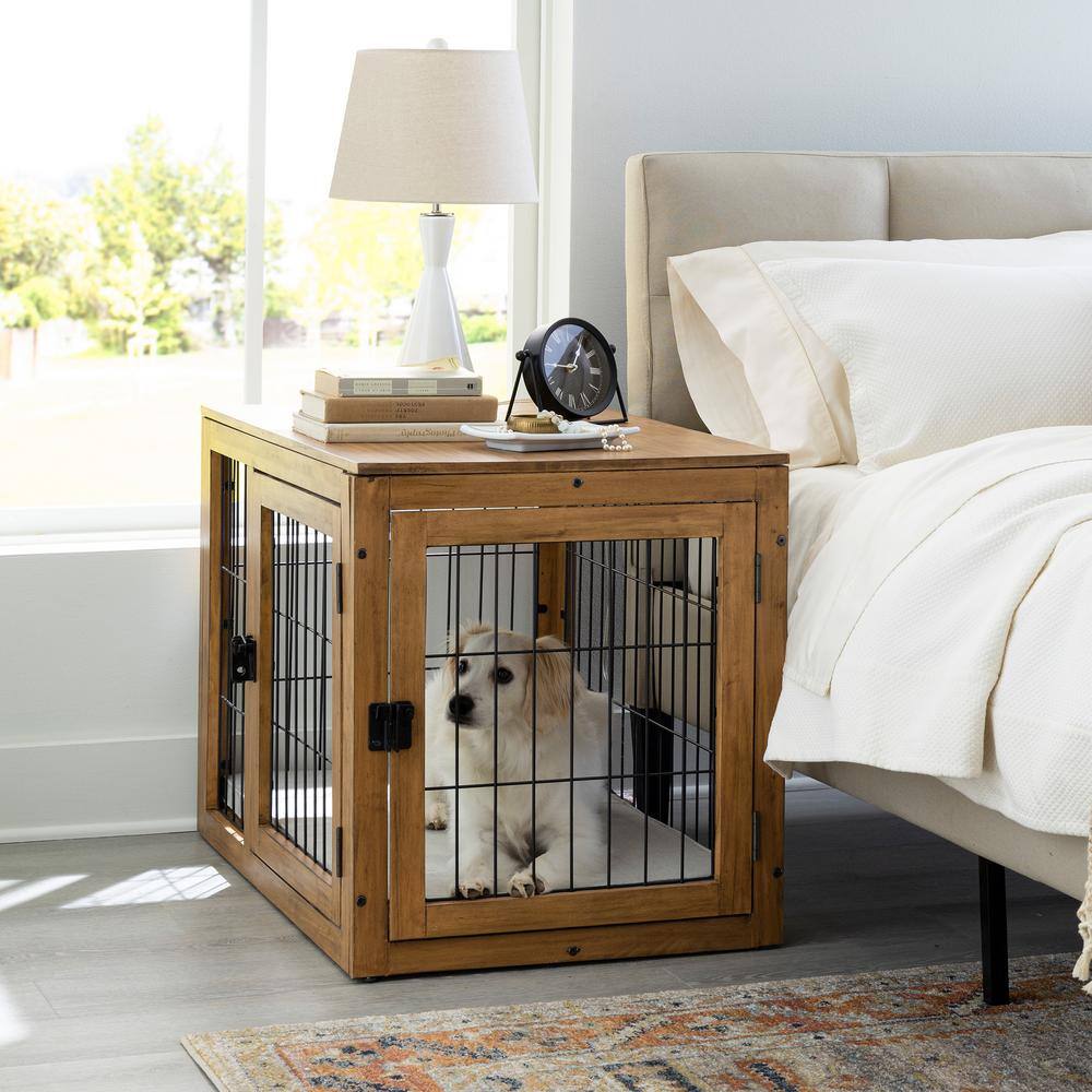 Medium Natural Acacia Wood and Metal Dog Crate Table