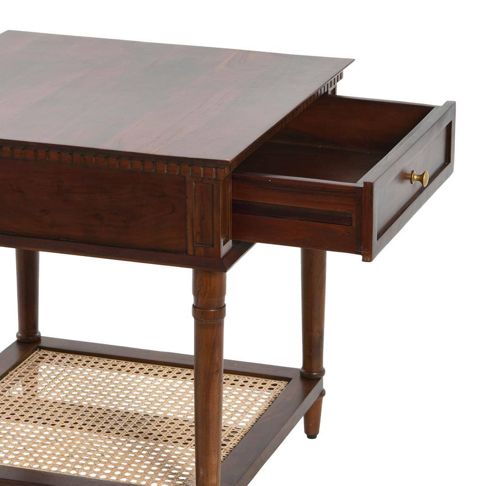 Dark Chestnut Solid Wood End Table with Cane Shelf and Drawer