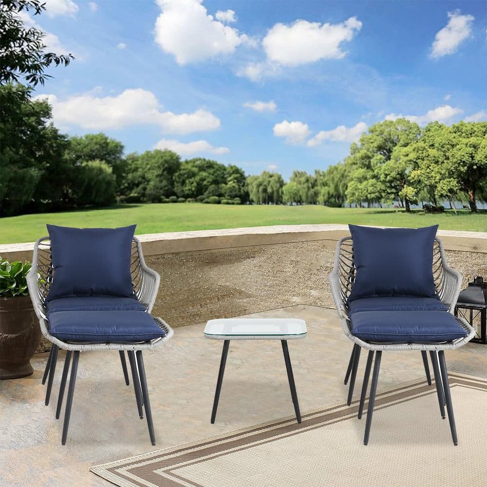 3-Piece Wicker Outdoor Patio Furniture Bistro Set with Glass Side Table and Blue Cushions price history on PriceWatchPro