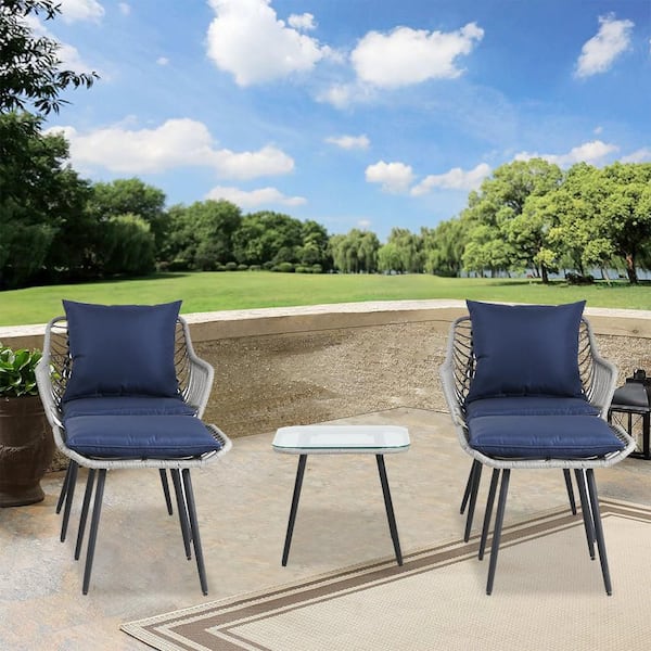 Zeus & Ruta 3-Piece Wicker Outdoor Patio Furniture Bistro Set with Glass Side Table and Blue Cushions