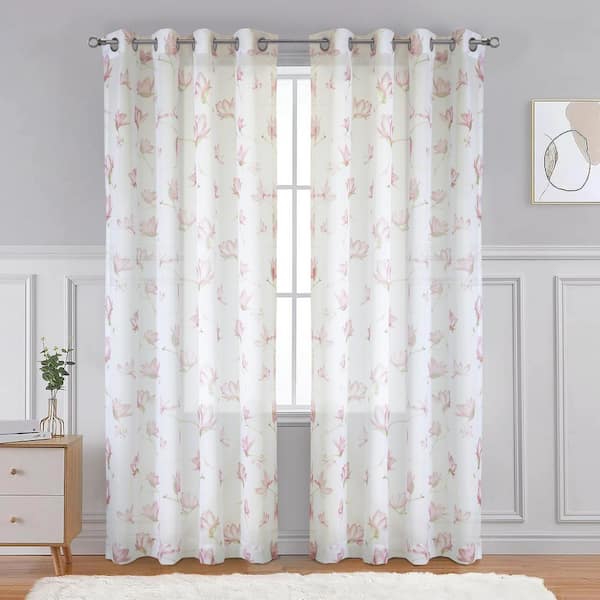 Habitat Magnolia White Pink Polyester Faux Linen 52 in. W x 63 in. L Grommet Indoor Light Filtering Curtain (Single Panel)